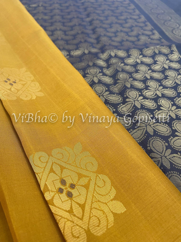 Sarees - Mustard Yellow And Blue Borderless Kanchi Soft Silk Saree