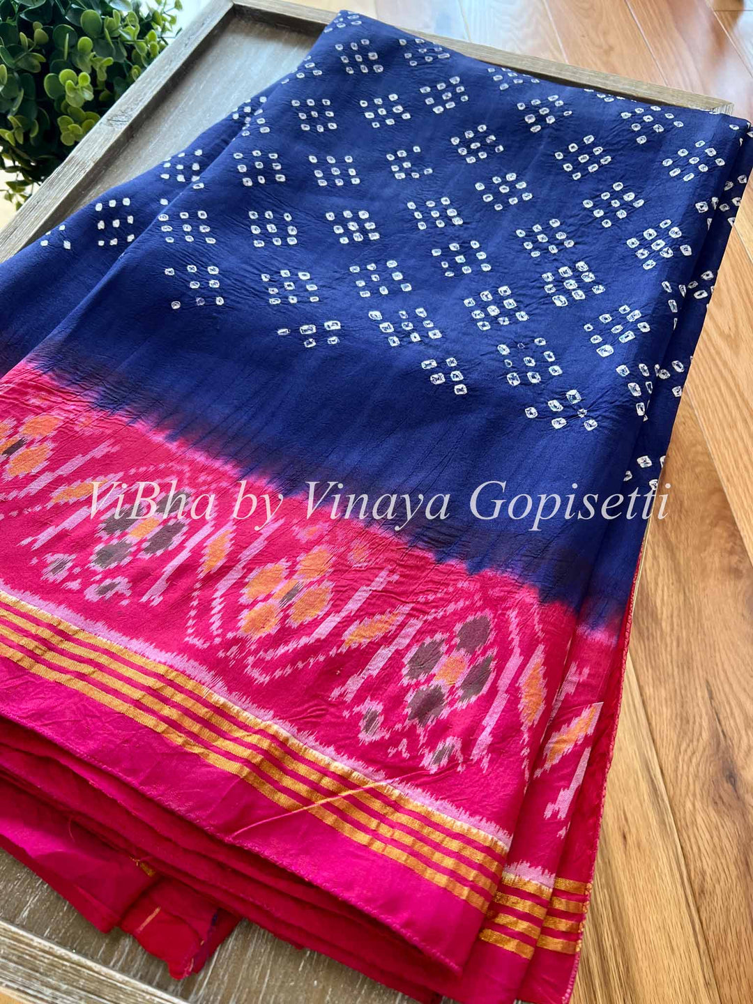 Sarees - Navy Blue And Pink Patola Bandhej Silk Saree