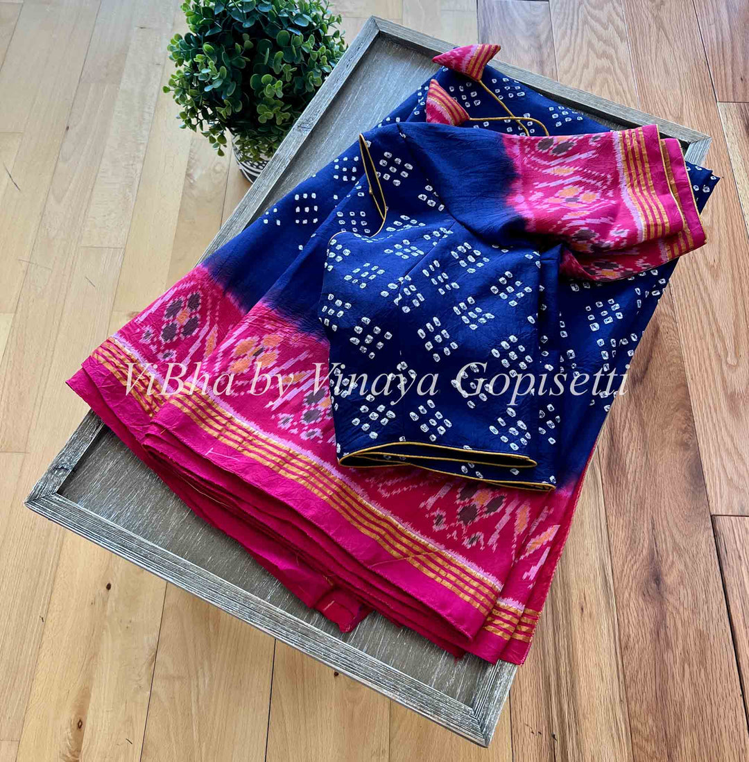 Sarees - Navy Blue And Pink Patola Bandhej Silk Saree