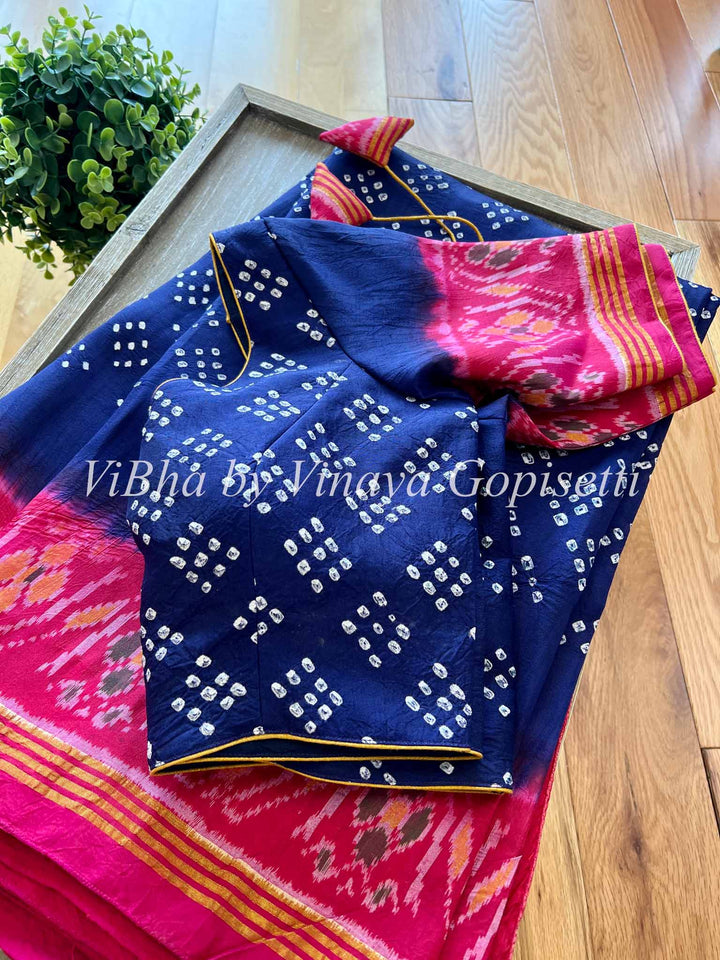 Sarees - Navy Blue And Pink Patola Bandhej Silk Saree