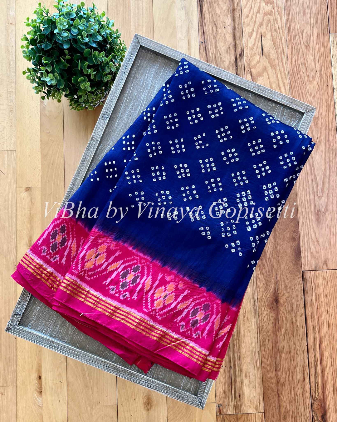 Sarees - Navy Blue And Pink Patola Bandhej Silk Saree