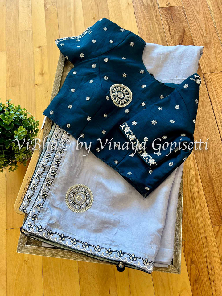 Sarees - Navy Blue & Lavender Fancy Saree