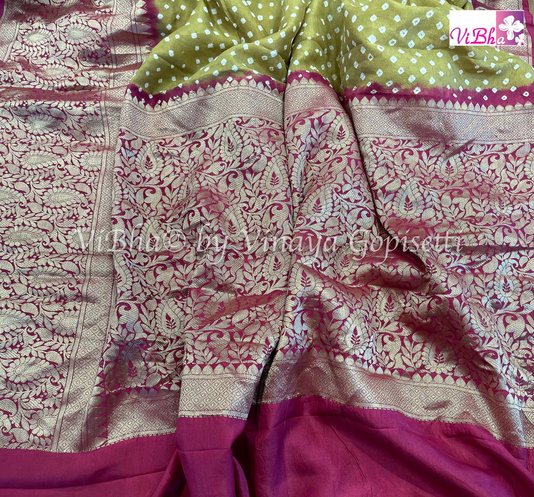 Sarees - Olive Green And Dark Pink Kanchi Bandhni