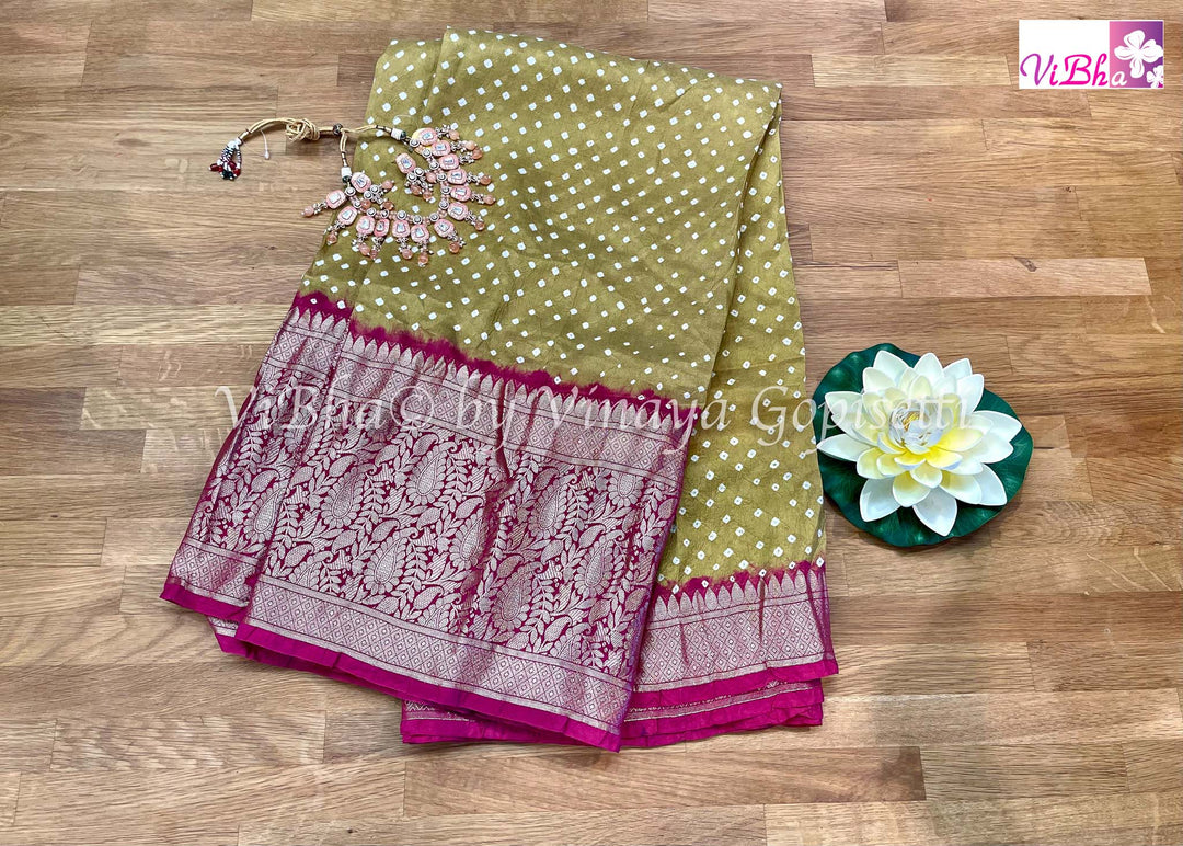 Sarees - Olive Green And Dark Pink Kanchi Bandhni