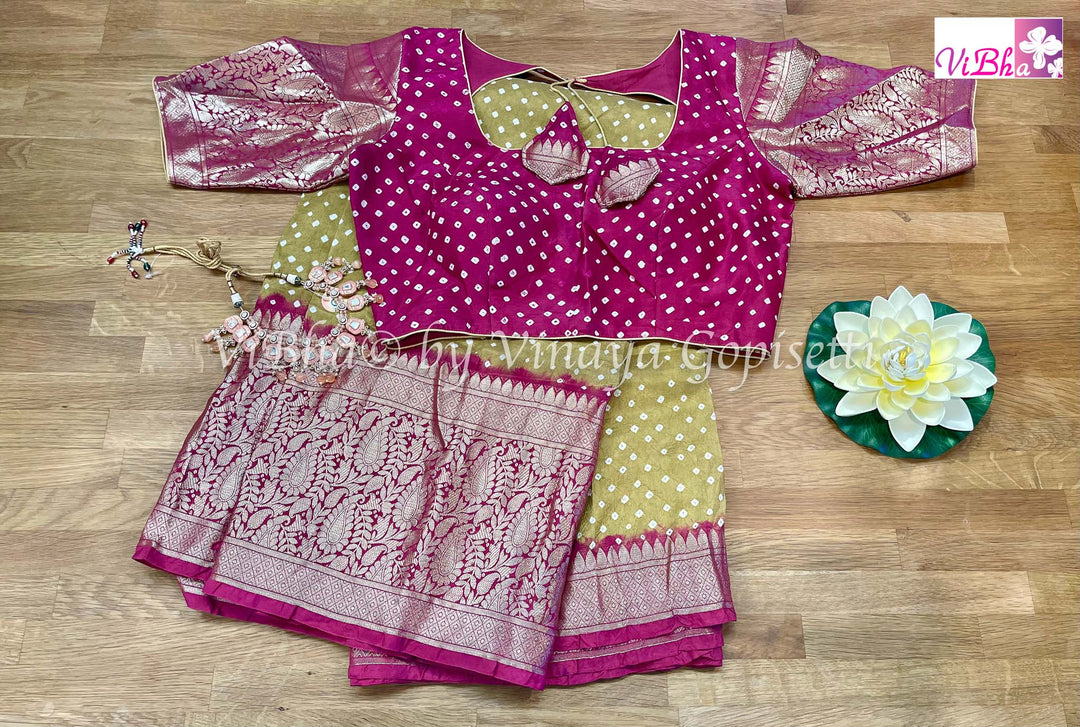 Sarees - Olive Green And Dark Pink Kanchi Bandhni