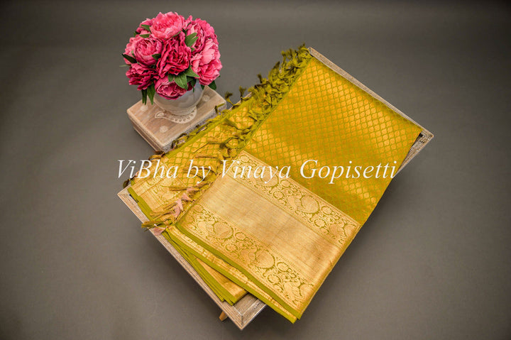 Sarees - Olive Green Copper Zari Kanchi Silk Saree