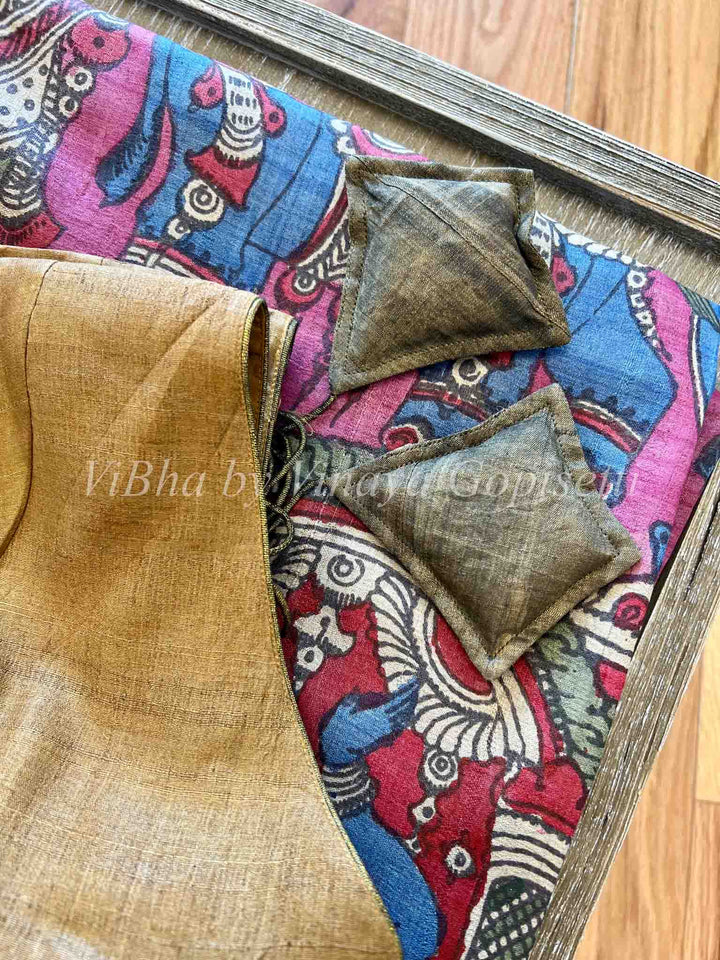 Sarees - Onion Pink & Blue Pen Kalamkari Sarees - Tussar Silk