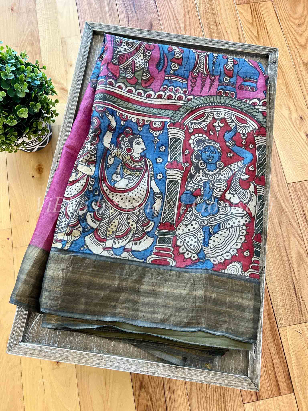 Sarees - Onion Pink & Blue Pen Kalamkari Sarees - Tussar Silk