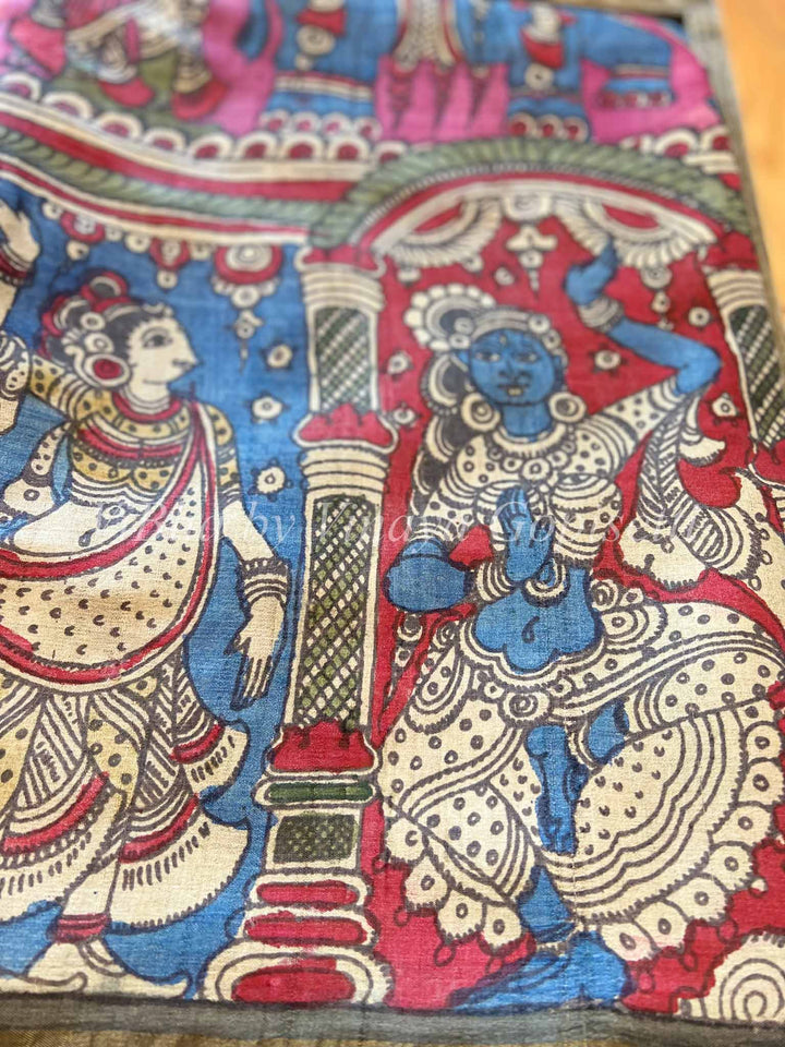 Sarees - Onion Pink & Blue Pen Kalamkari Sarees - Tussar Silk