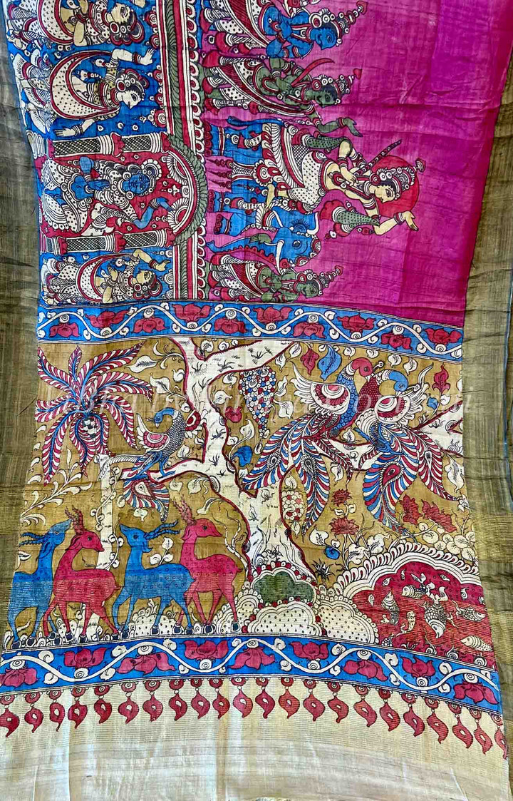 Sarees - Onion Pink & Blue Pen Kalamkari Sarees - Tussar Silk