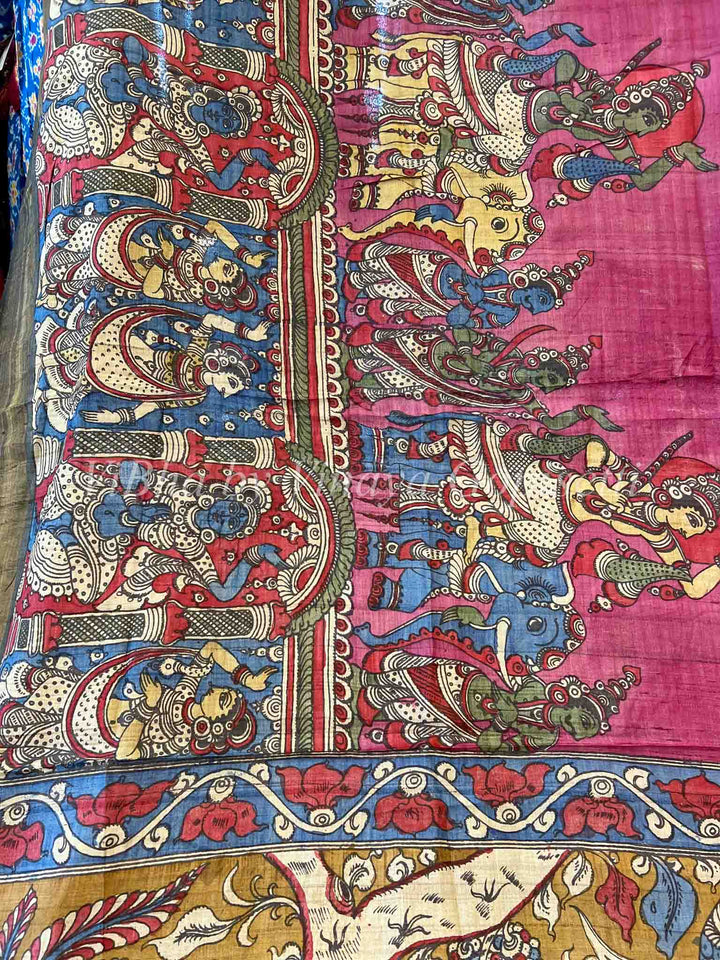 Sarees - Onion Pink & Blue Pen Kalamkari Sarees - Tussar Silk