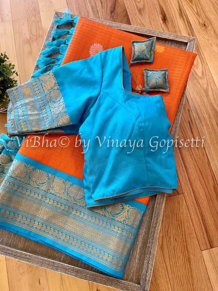 Sarees - Orange & Sky Blue Checks Gadwal Silk Saree