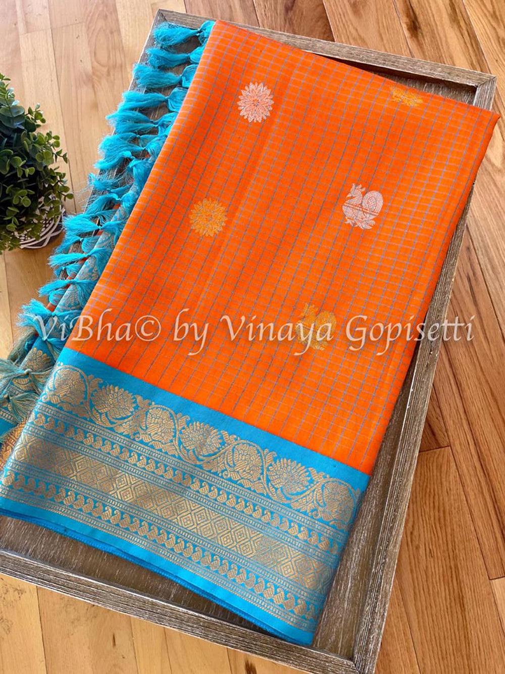 Sarees - Orange & Sky Blue Checks Gadwal Silk Saree