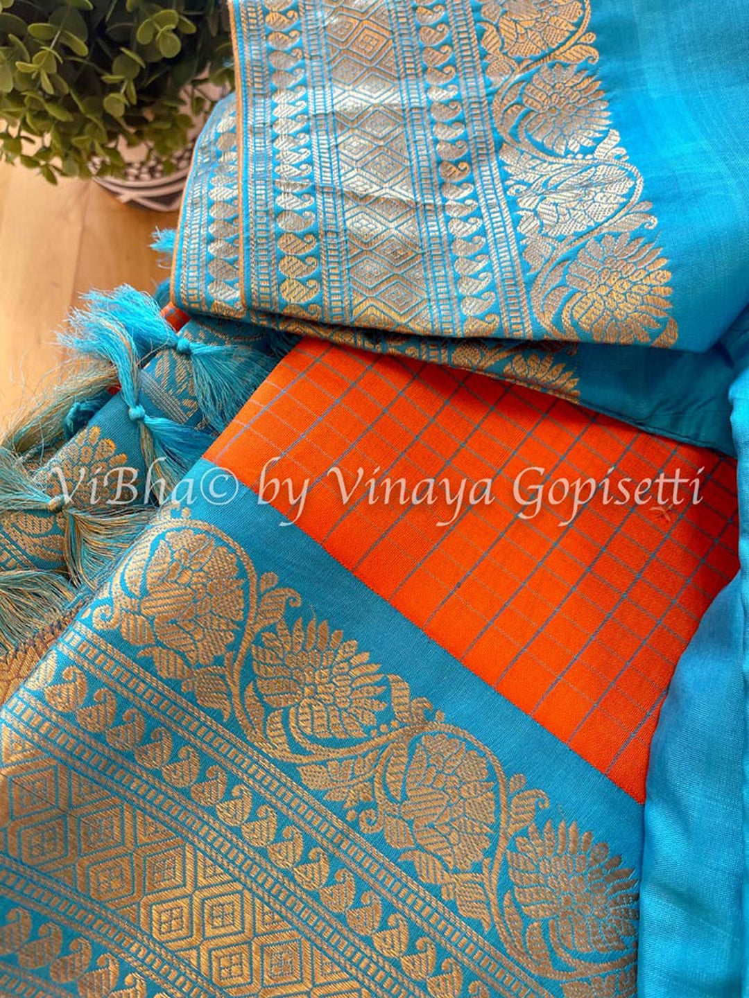 Sarees - Orange & Sky Blue Checks Gadwal Silk Saree