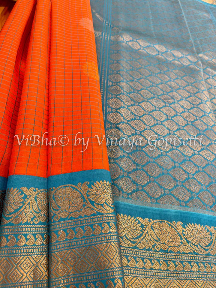 Sarees - Orange & Sky Blue Checks Gadwal Silk Saree