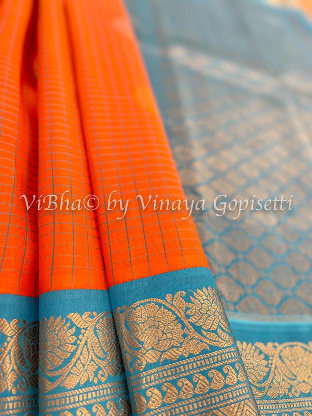 Sarees - Orange & Sky Blue Checks Gadwal Silk Saree