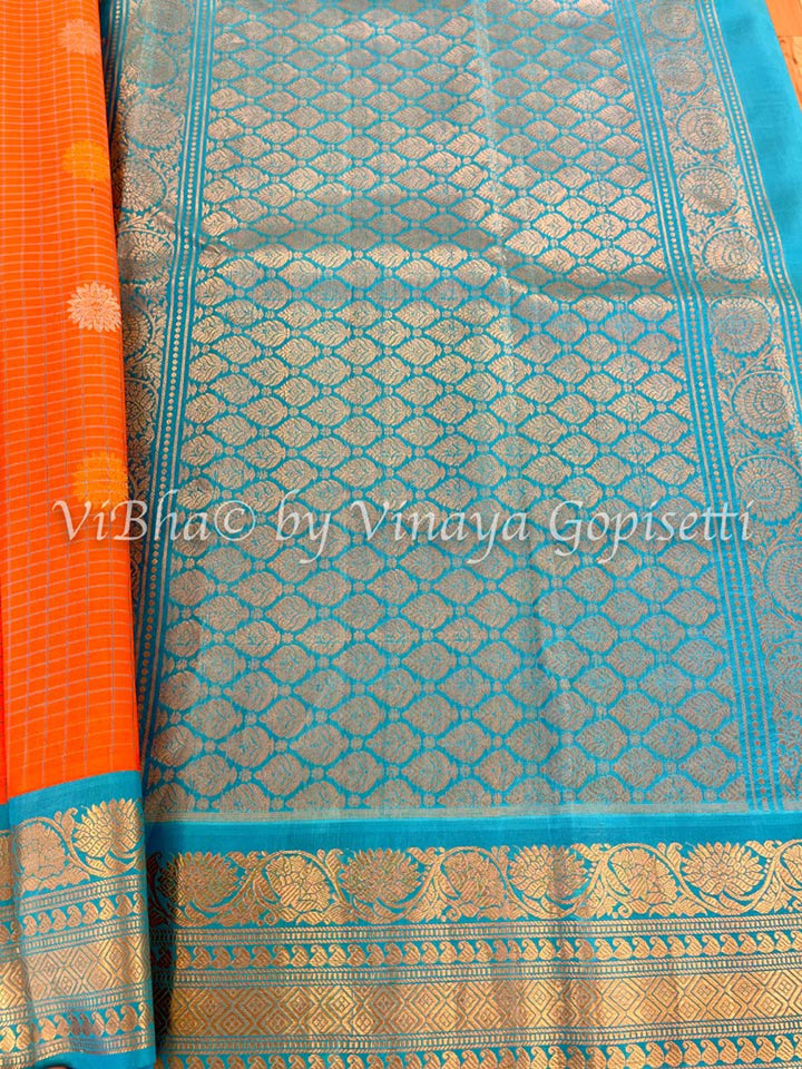 Sarees - Orange & Sky Blue Checks Gadwal Silk Saree