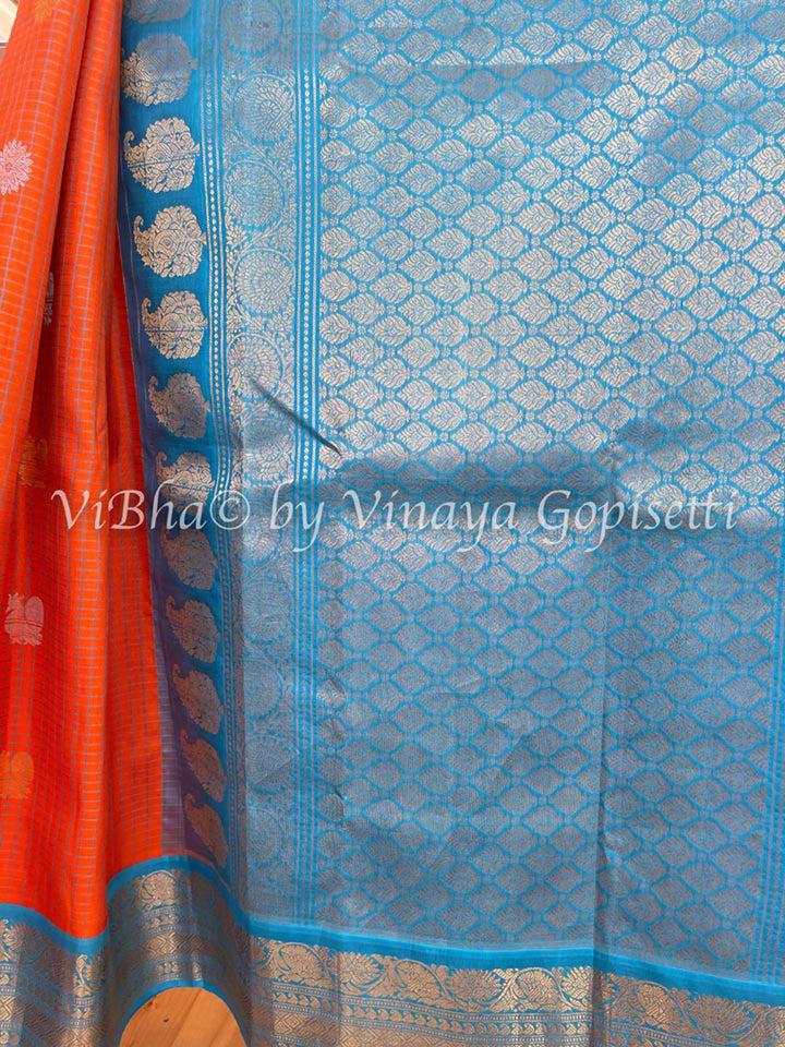 Sarees - Orange & Sky Blue Checks Gadwal Silk Saree