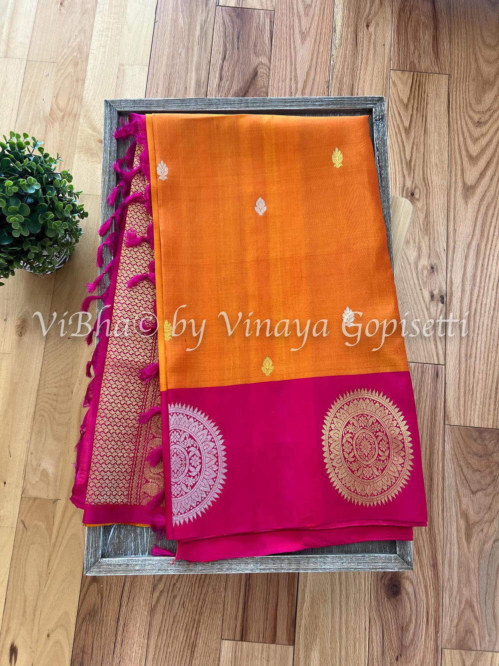 Sarees - Orangish Yellow & Dark Pink Kanchi Silk Saree