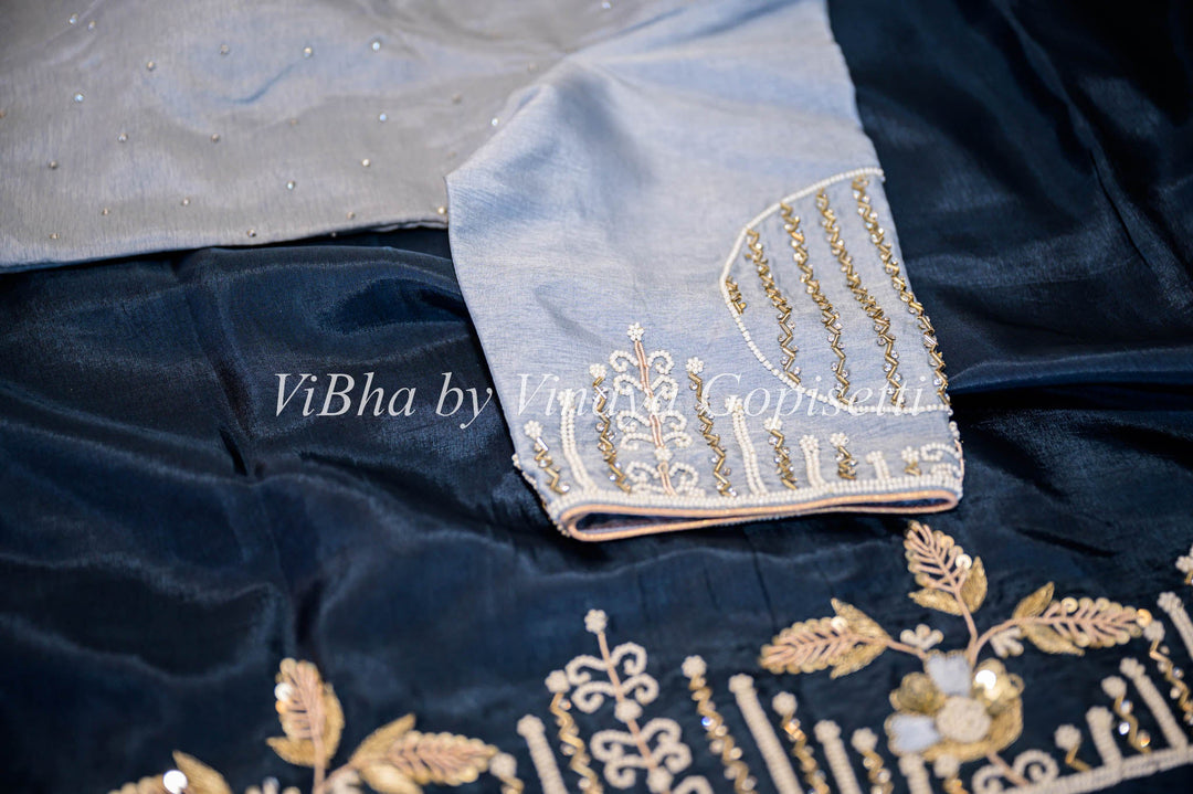 Sarees - Oxford Blue And Light Gray Embroidered Silk Saree And Blouse