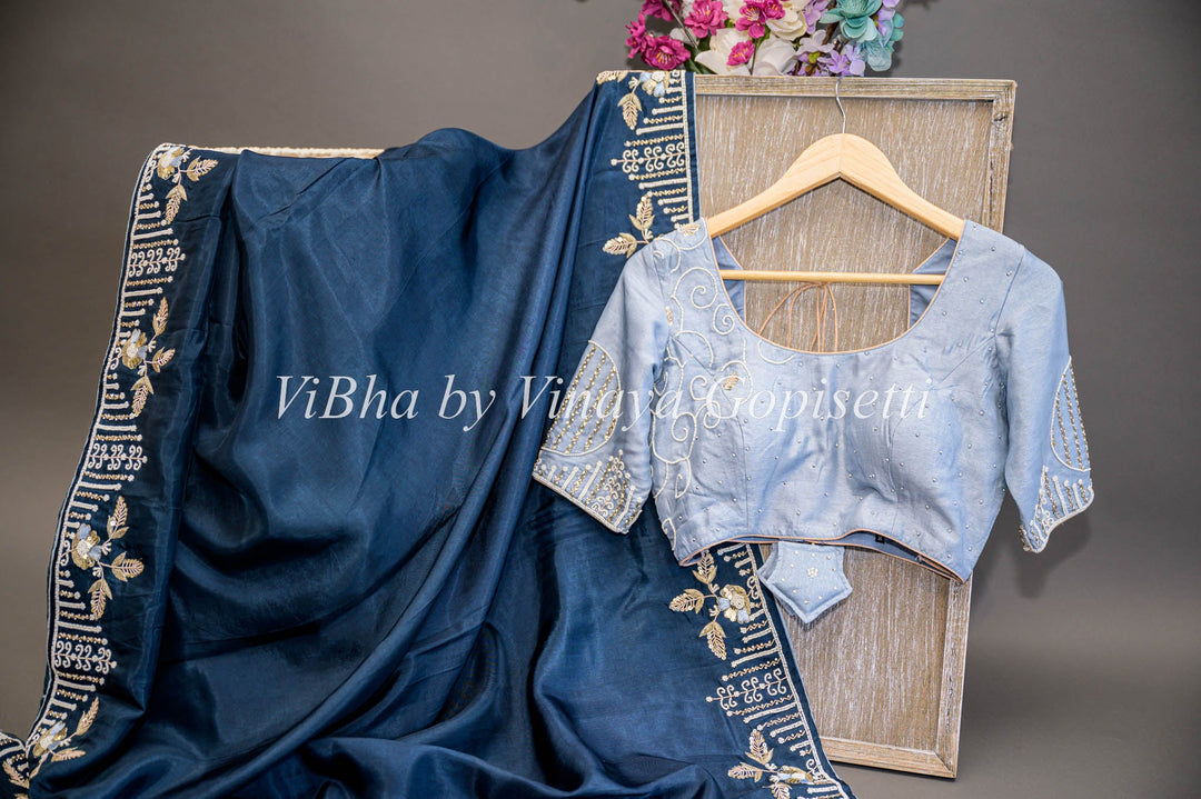 Sarees - Oxford Blue And Light Gray Embroidered Silk Saree And Blouse