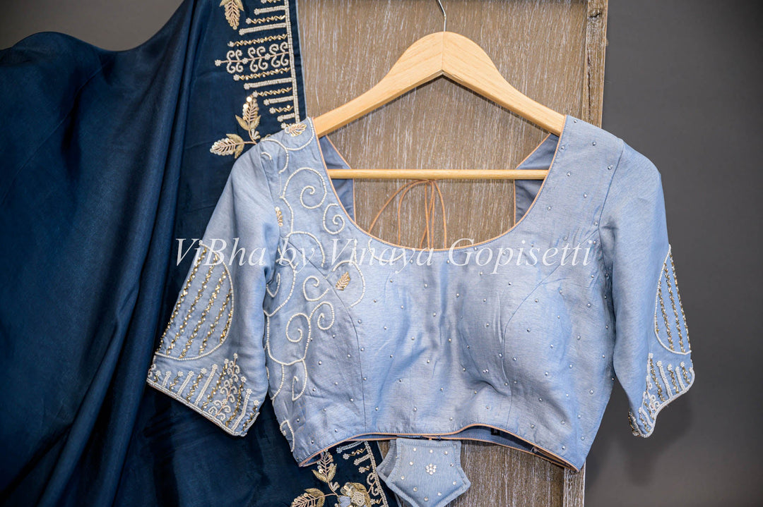 Sarees - Oxford Blue And Light Gray Embroidered Silk Saree And Blouse