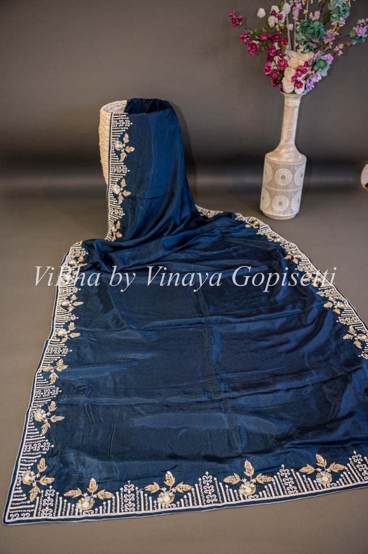 Sarees - Oxford Blue And Light Gray Embroidered Silk Saree And Blouse