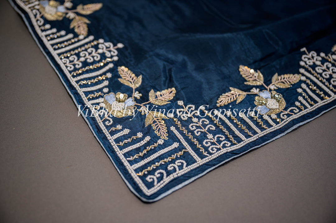 Sarees - Oxford Blue And Light Gray Embroidered Silk Saree And Blouse