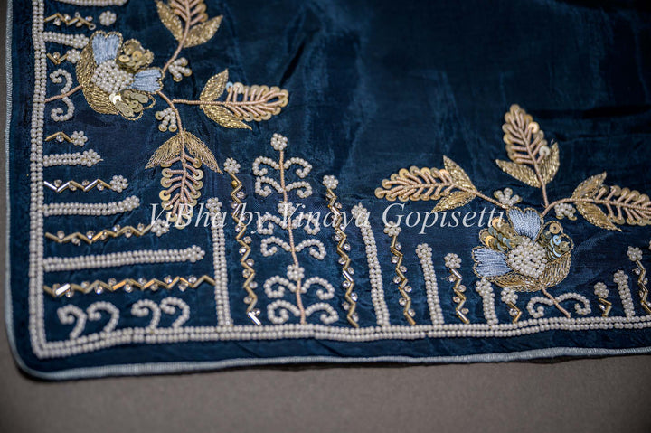 Sarees - Oxford Blue And Light Gray Embroidered Silk Saree And Blouse