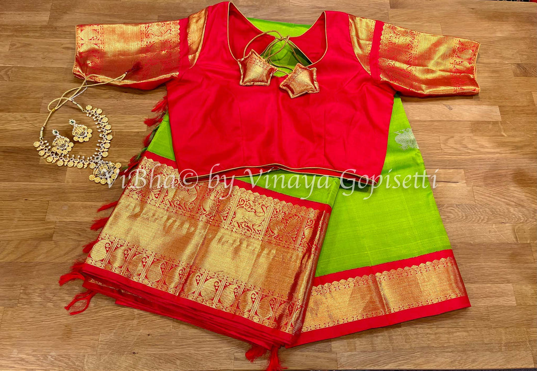 Sarees - Parrot Green And Red Kanchipattu Saree