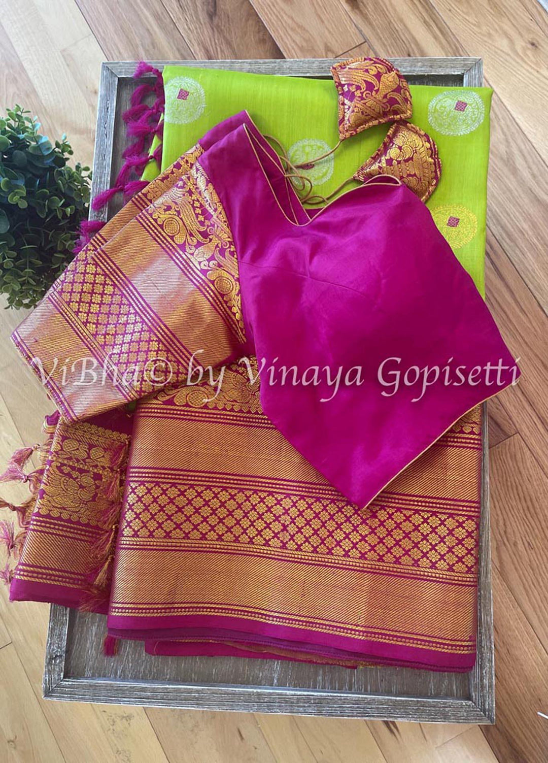 Sarees - Parrot Green & Magenta Gadwal Silk Saree