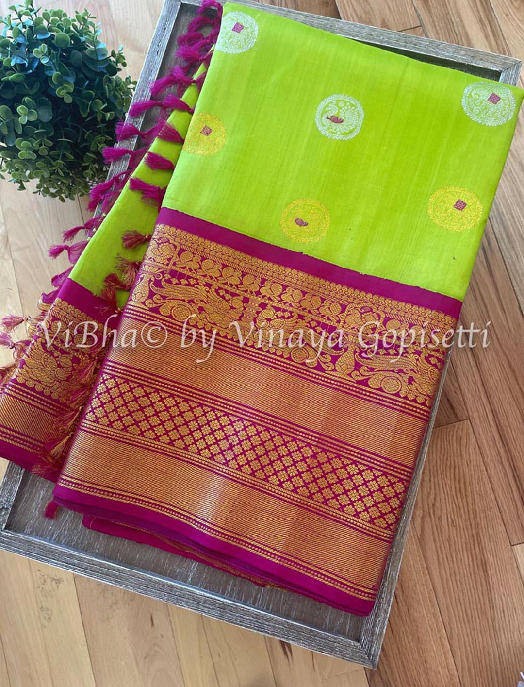 Sarees - Parrot Green & Magenta Gadwal Silk Saree