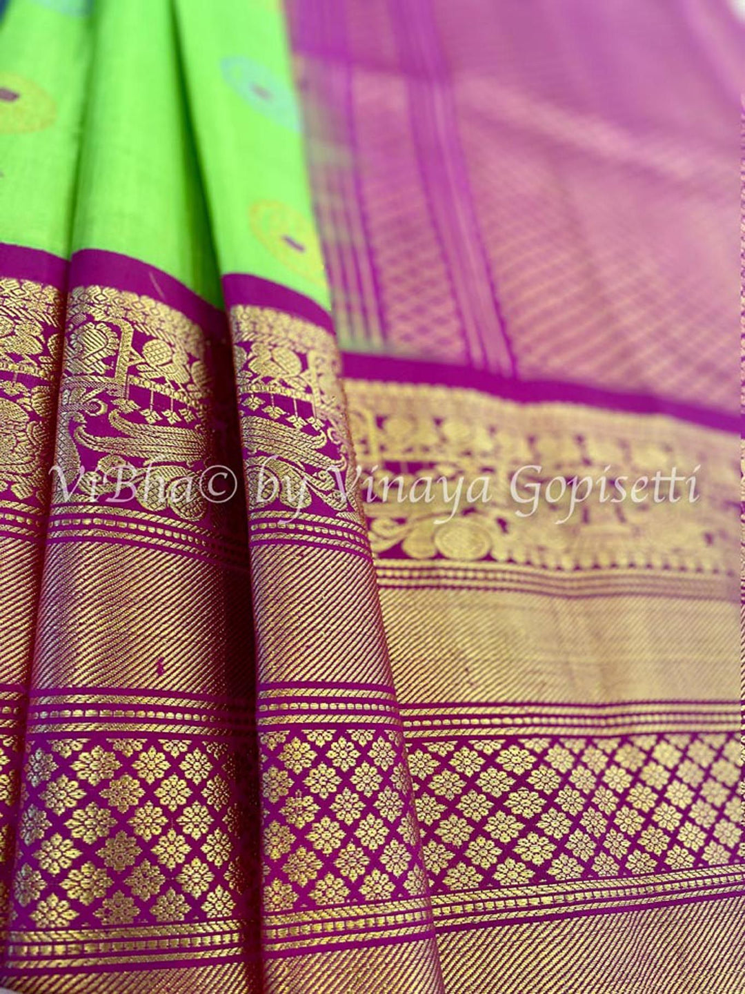 Sarees - Parrot Green & Magenta Gadwal Silk Saree