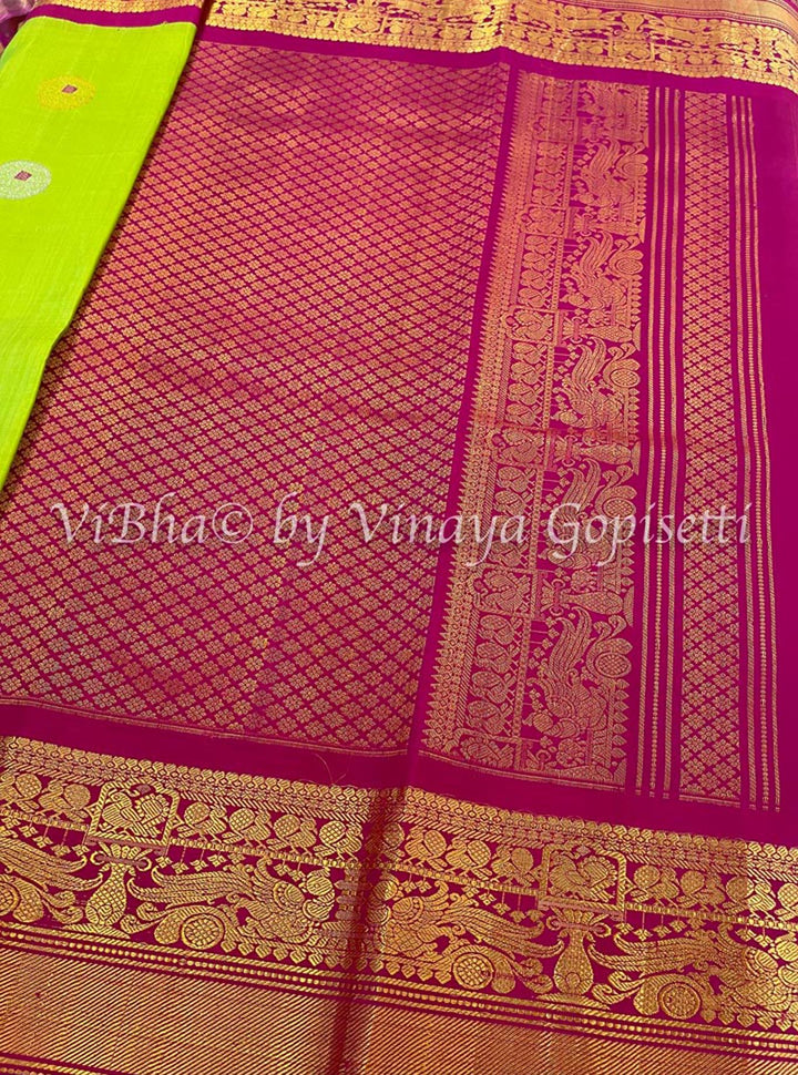 Sarees - Parrot Green & Magenta Gadwal Silk Saree