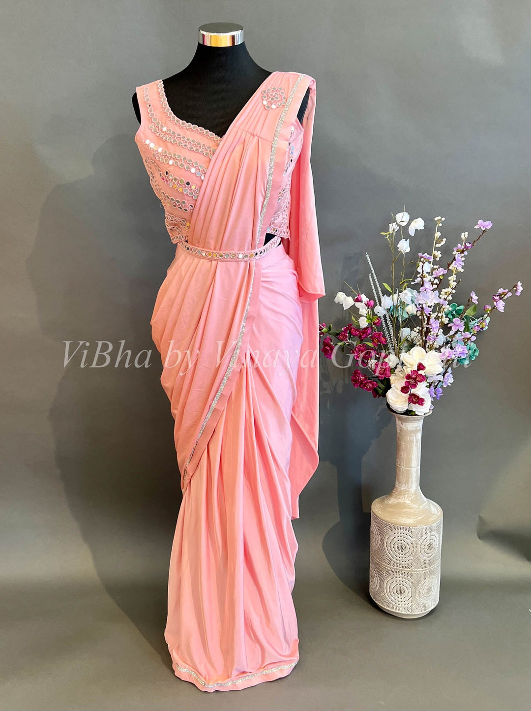 Sarees - Pastel Peach With Mirror Work Pre Pleated Saree