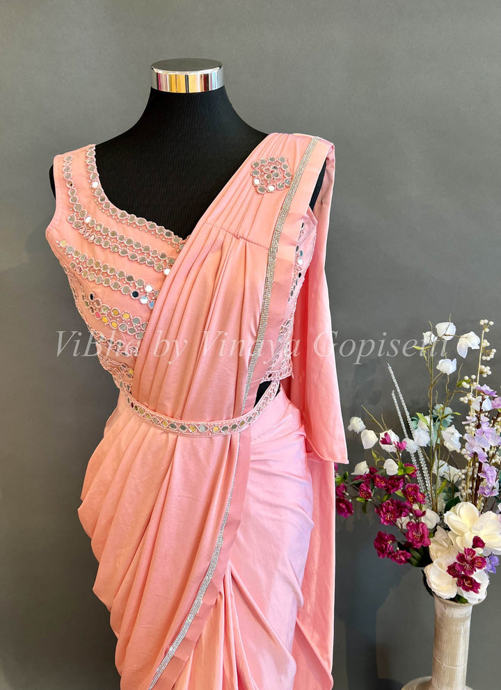 Sarees - Pastel Peach With Mirror Work Pre Pleated Saree