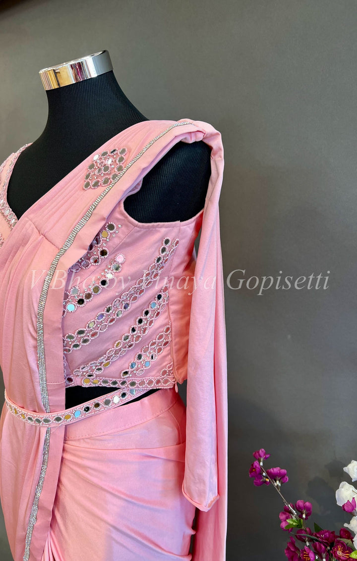 Sarees - Pastel Peach With Mirror Work Pre Pleated Saree