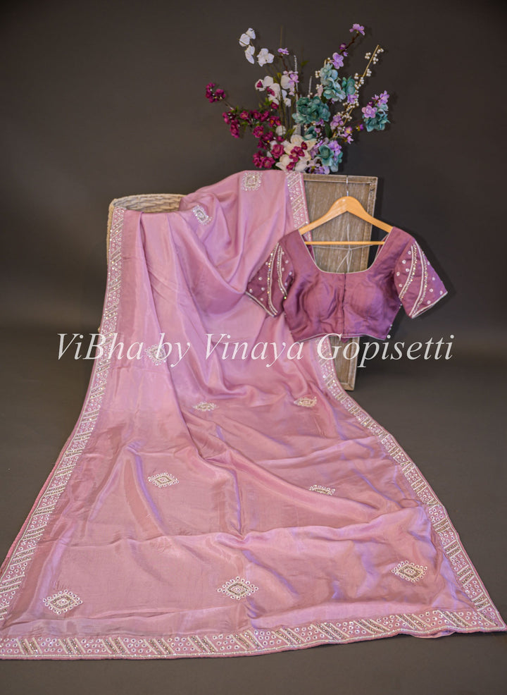 Sarees - Pastel Pink And Antique Fuschia Embroidered Saree And Blouse