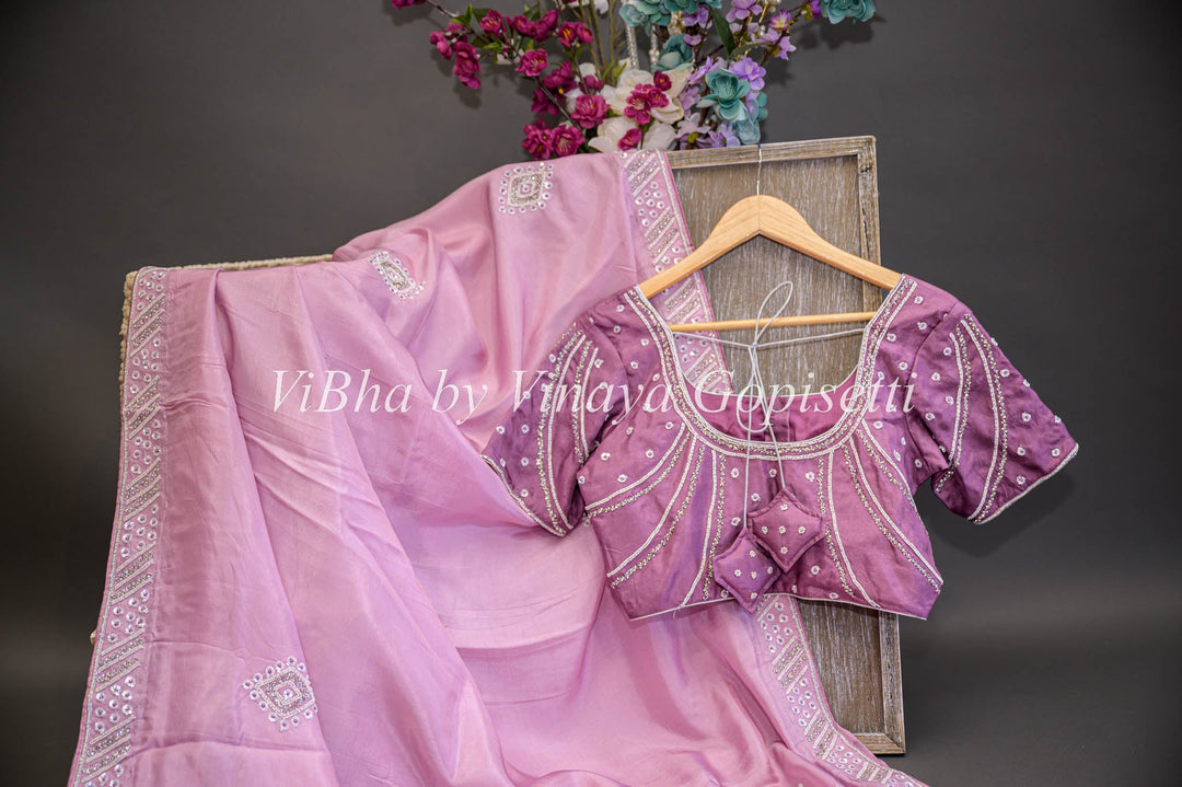 Sarees - Pastel Pink And Antique Fuschia Embroidered Saree And Blouse