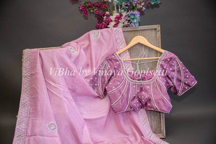 Sarees - Pastel Pink And Antique Fuschia Embroidered Saree And Blouse