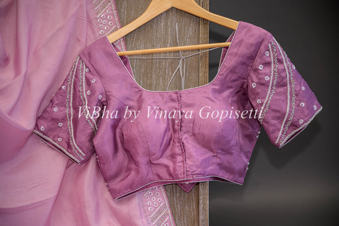 Sarees - Pastel Pink And Antique Fuschia Embroidered Saree And Blouse