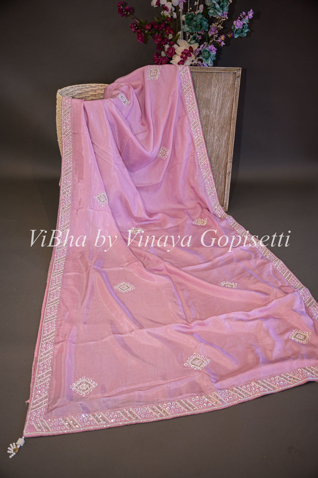 Sarees - Pastel Pink And Antique Fuschia Embroidered Saree And Blouse