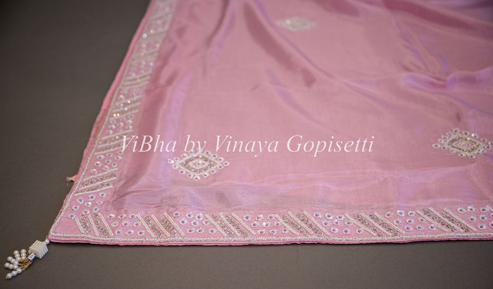 Sarees - Pastel Pink And Antique Fuschia Embroidered Saree And Blouse