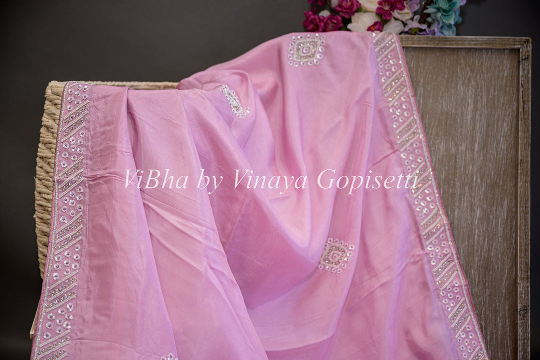 Sarees - Pastel Pink And Antique Fuschia Embroidered Saree And Blouse