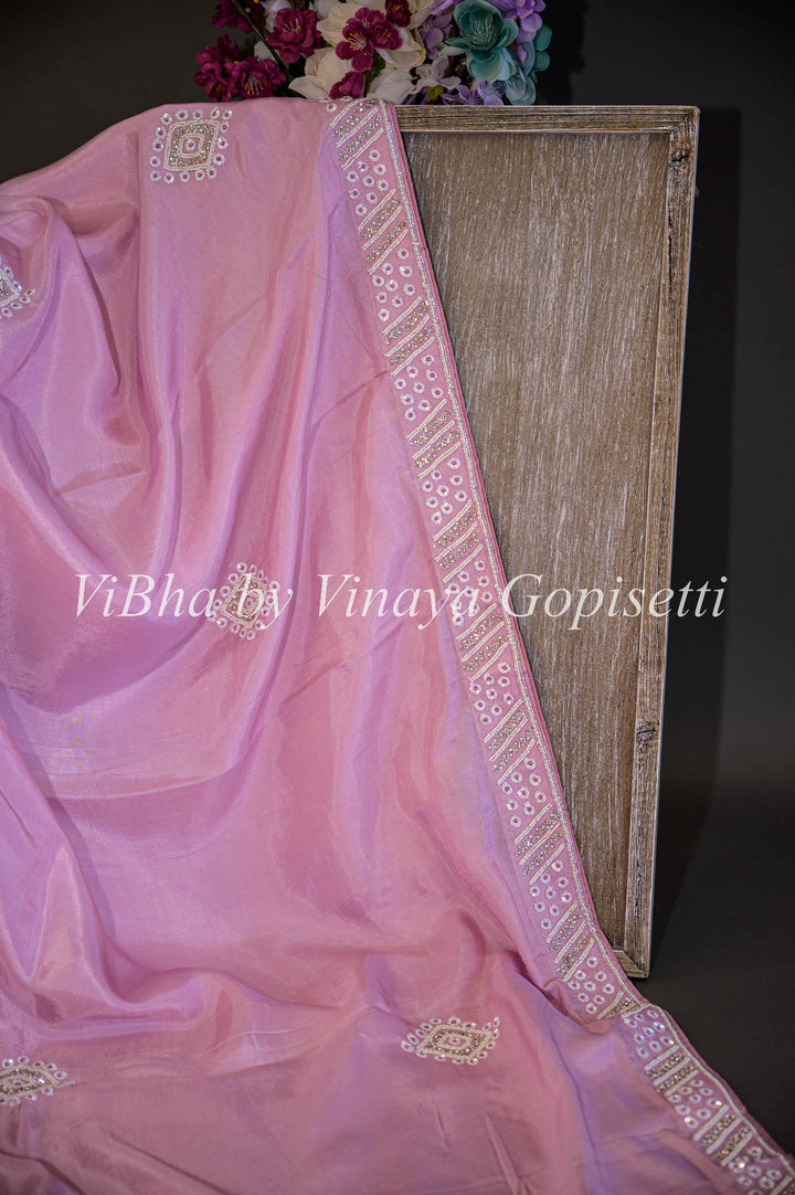 Sarees - Pastel Pink And Antique Fuschia Embroidered Saree And Blouse