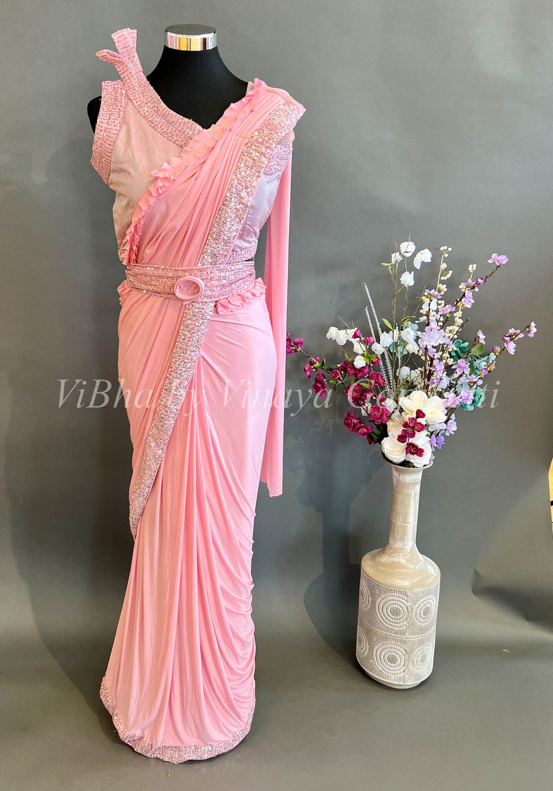 Sarees - Pastel Pink Shoulder High Sleeve Pre Pleated Saree