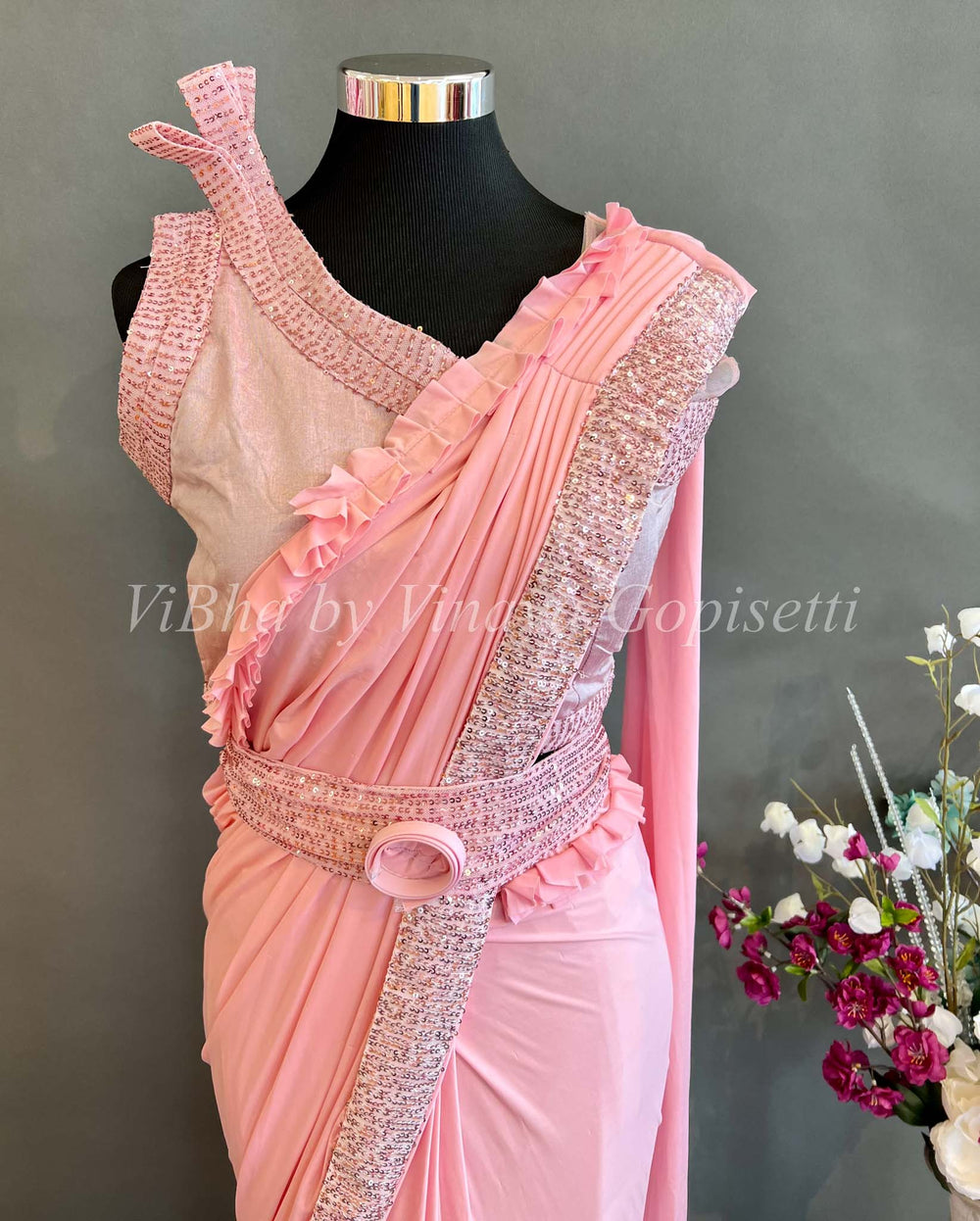 Sarees - Pastel Pink Shoulder High Sleeve Pre Pleated Saree