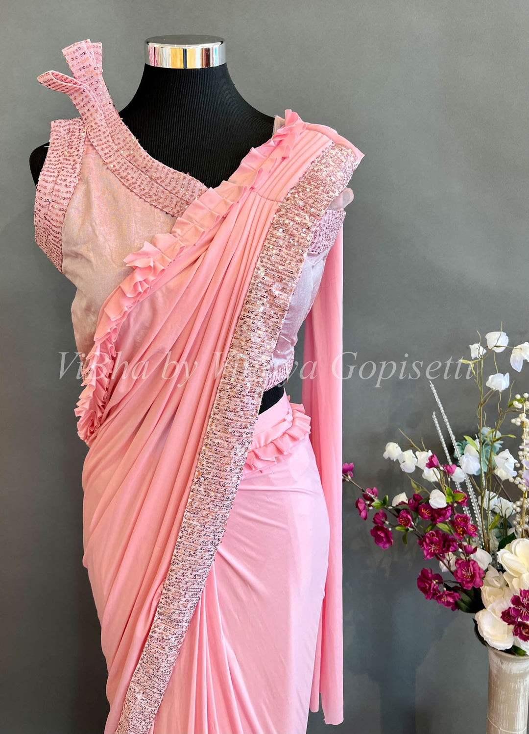 Sarees - Pastel Pink Shoulder High Sleeve Pre Pleated Saree