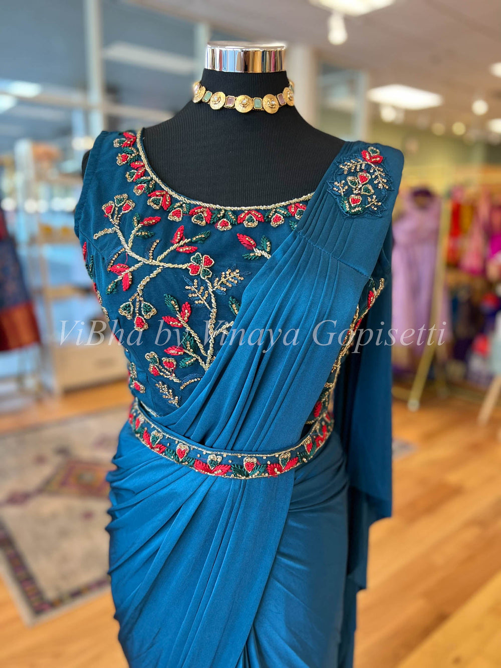 Sarees - Peacock Blue Pre Pleated Saree