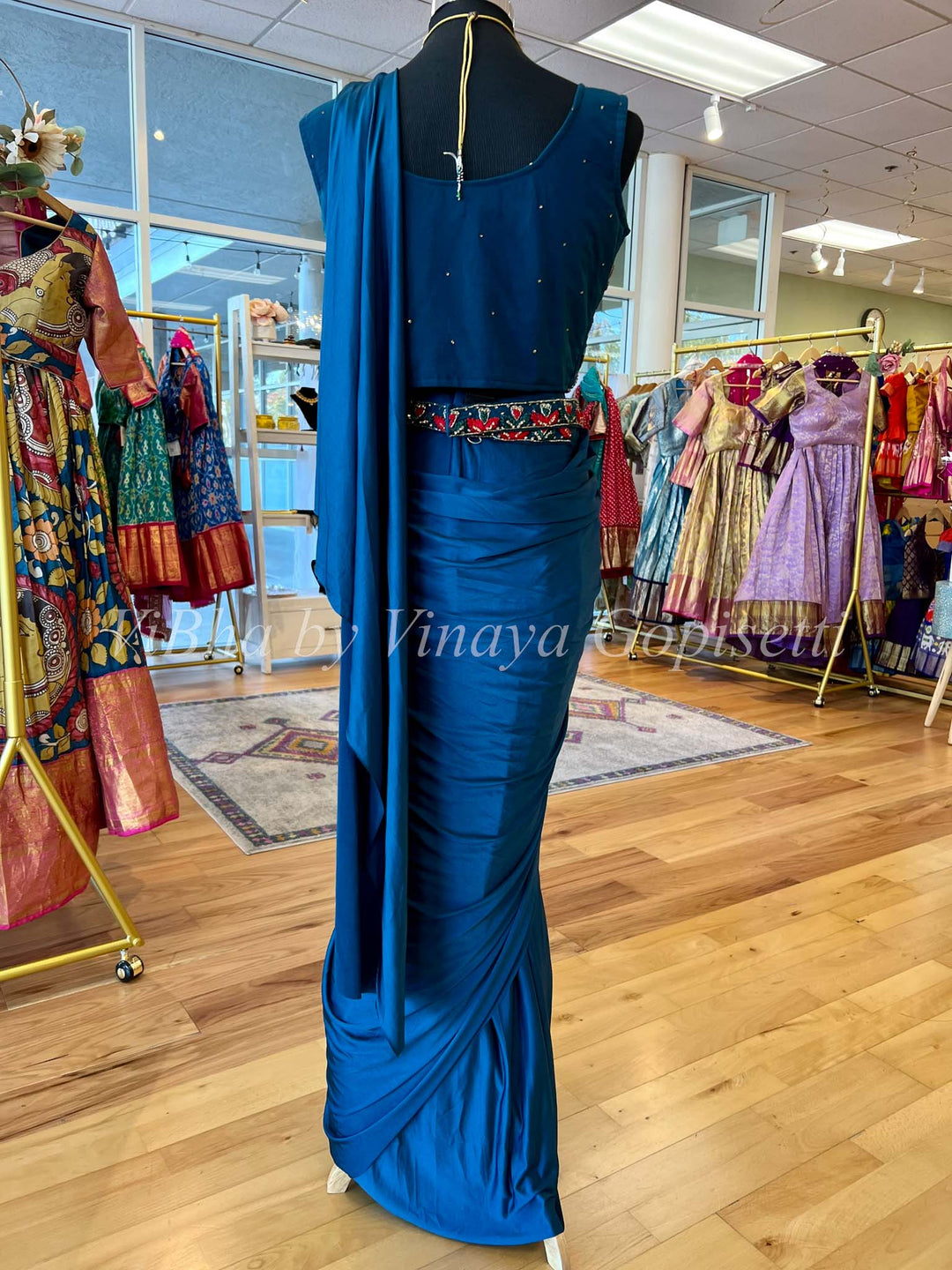 Sarees - Peacock Blue Pre Pleated Saree